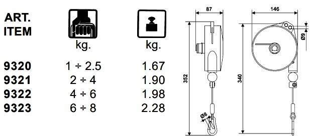 9311 spring balancer dimensions